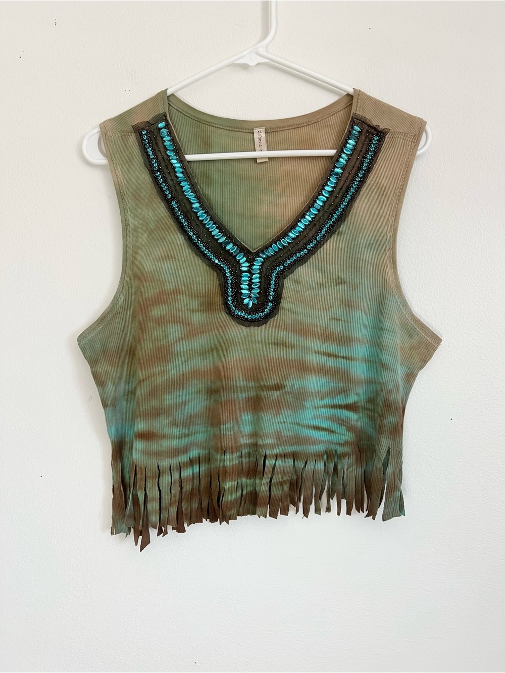 David Cline Upcycled Asymmetric Western Fringe Top Beaded Boho Festival Tank XL